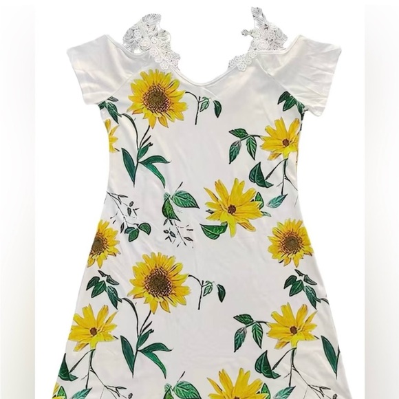 NWOT Sunflower Print Cold Shoulder Dress, Casual V Neck Lace Shoulder - Picture 2 of 4